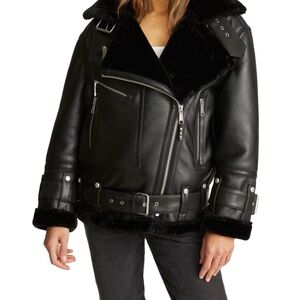 Rebecca Minkoff Black Leather Jacket with Fur Trim